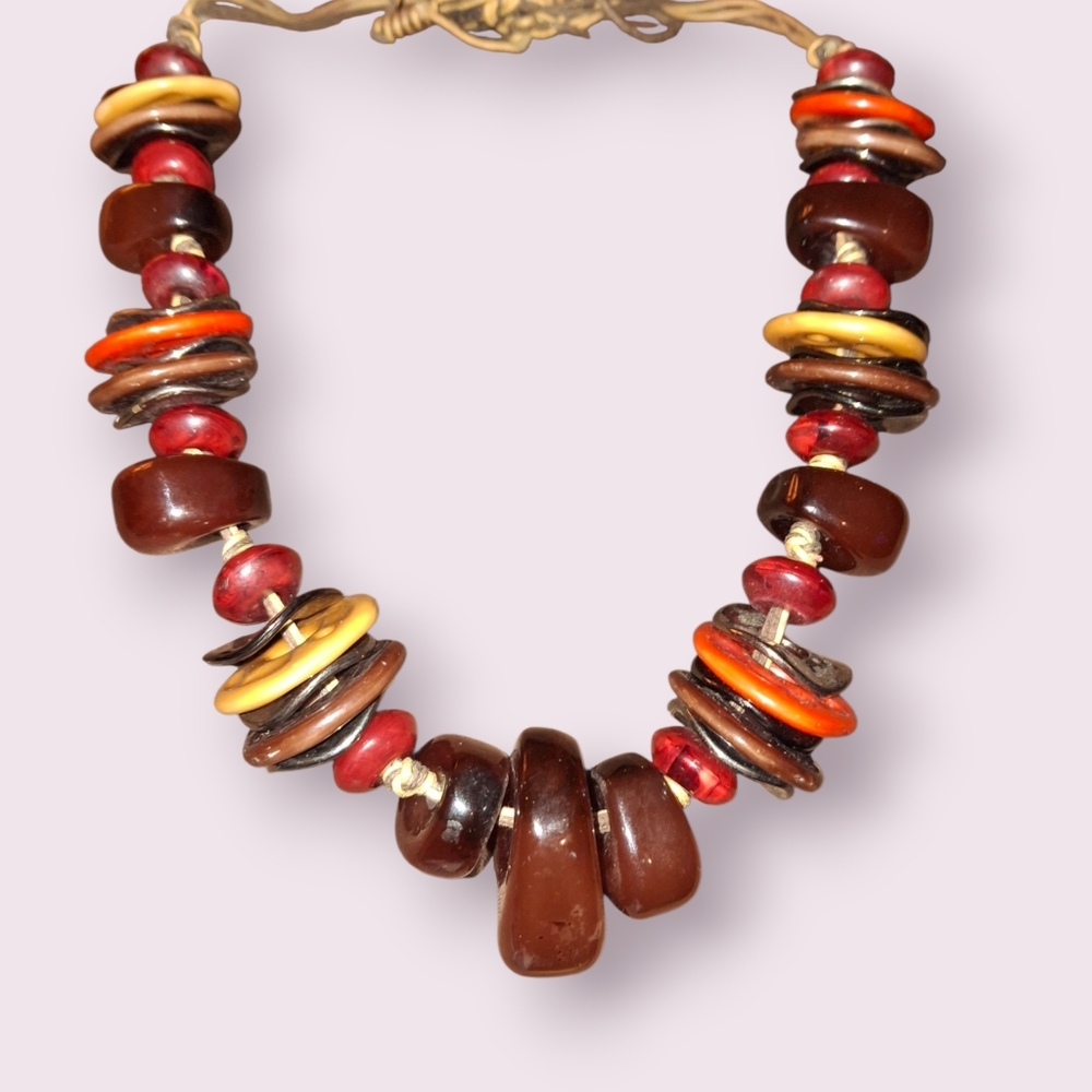 Chunky Beaded Vintage Statement Necklace Rustic Earthy Boho Tribal